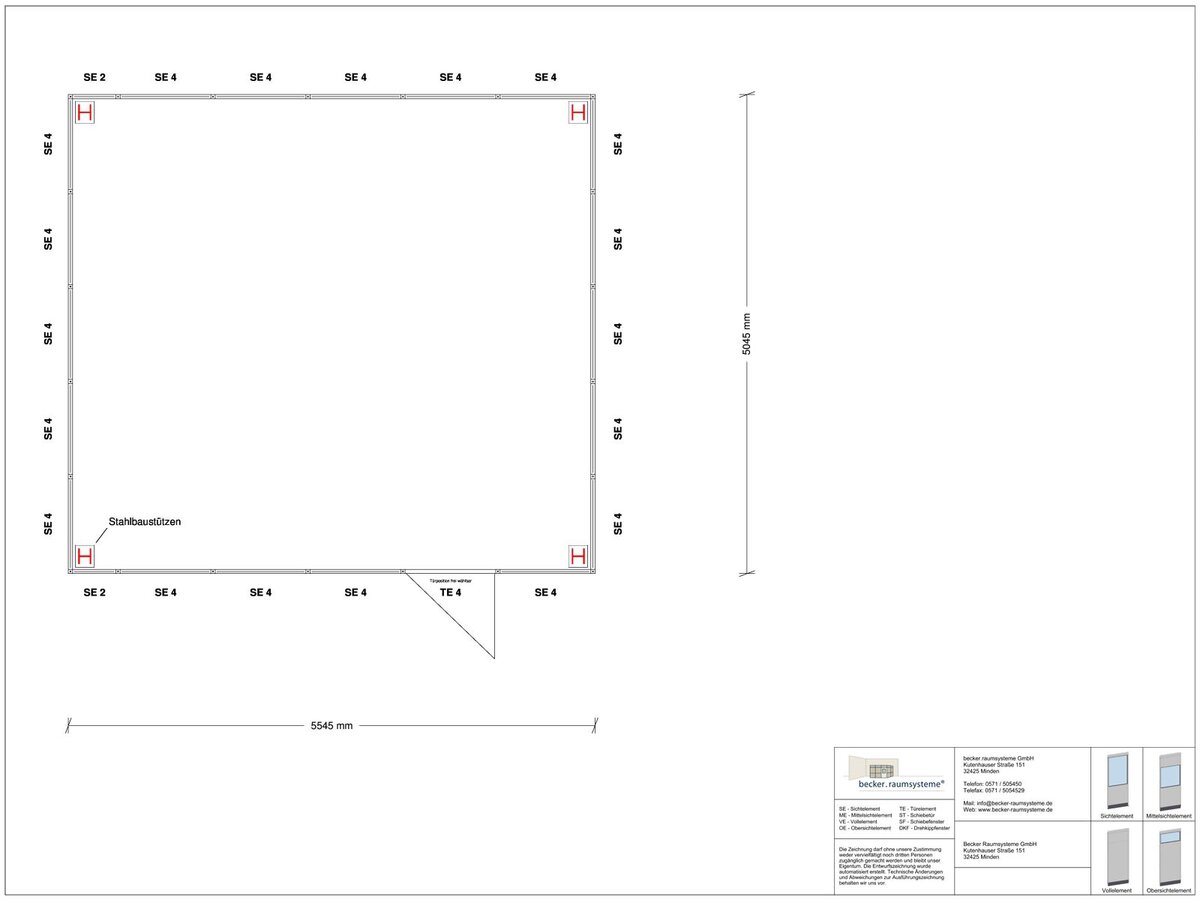 Zeichnung für Hallenbüro als Doppelstock 4-seitig 5,50 x 5,00 m System RS 45 von Becker Raumsysteme - Artikel HD4-5550