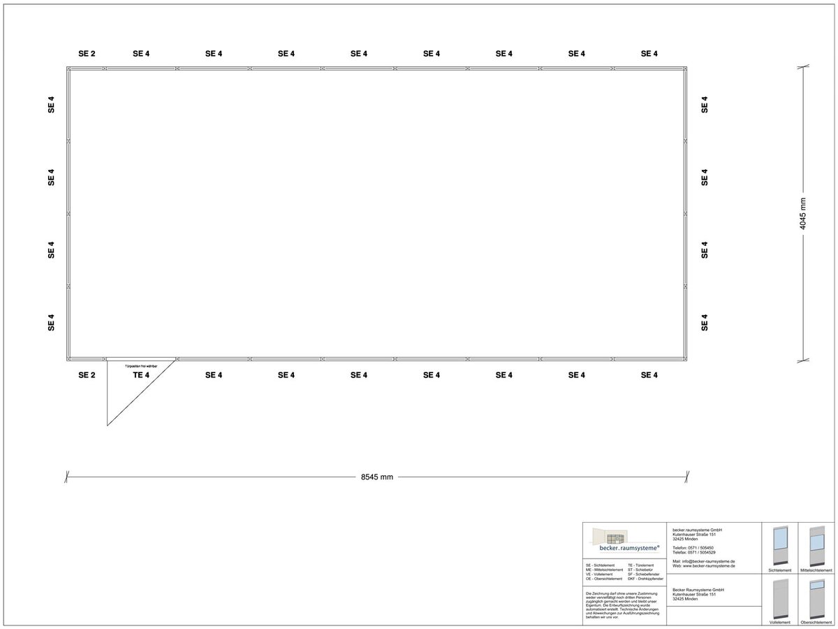 Zeichnung für Hallenbüro 4-seitig 8,50 x 4,00 m System RS 45 von Becker Raumsysteme - Artikel HB4-8540