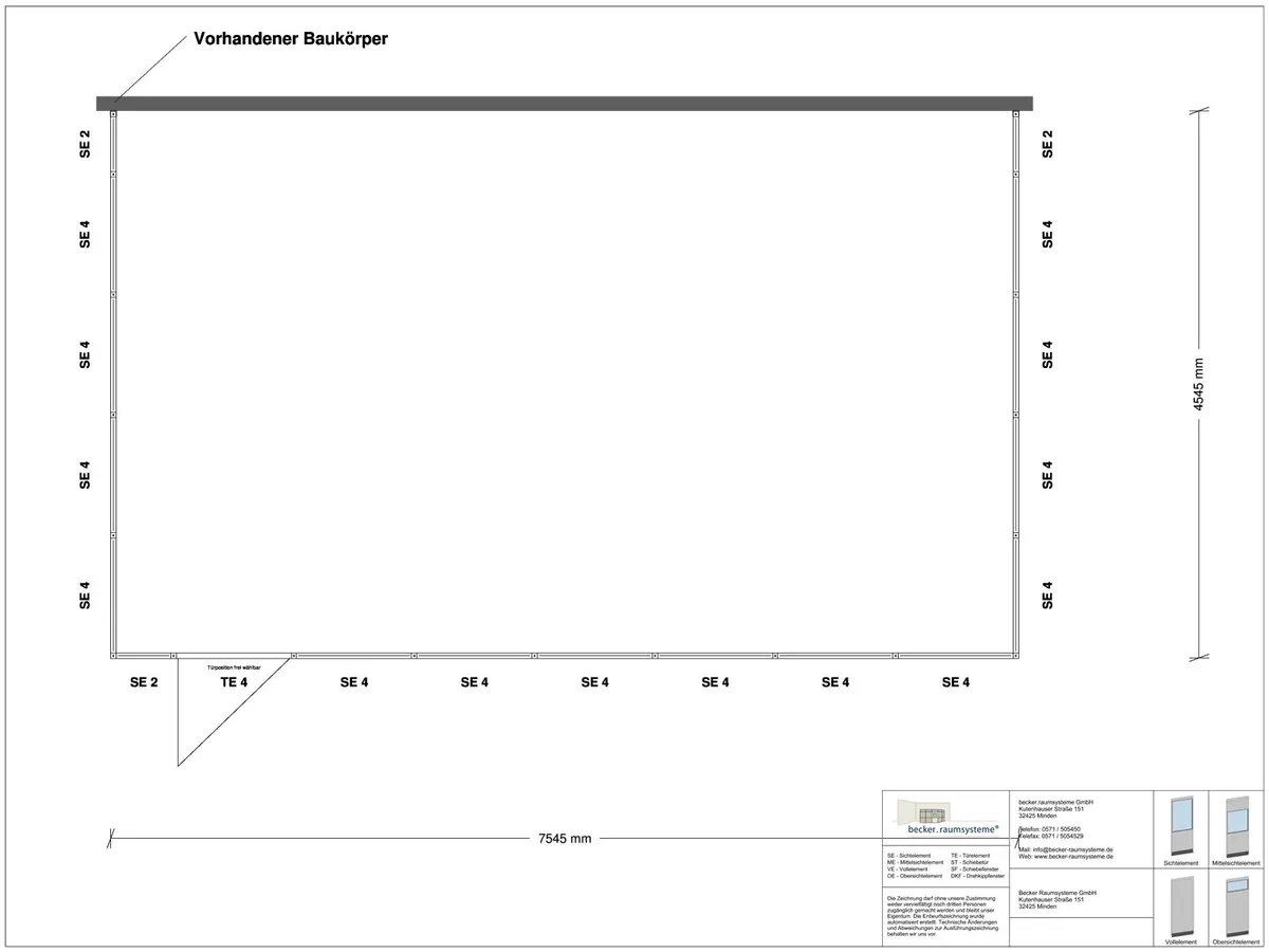 Zeichnung für Hallenbüro 3-seitig 7,50 x 4,50 m System RS 45 von Becker Raumsysteme - Artikel HB3-7545