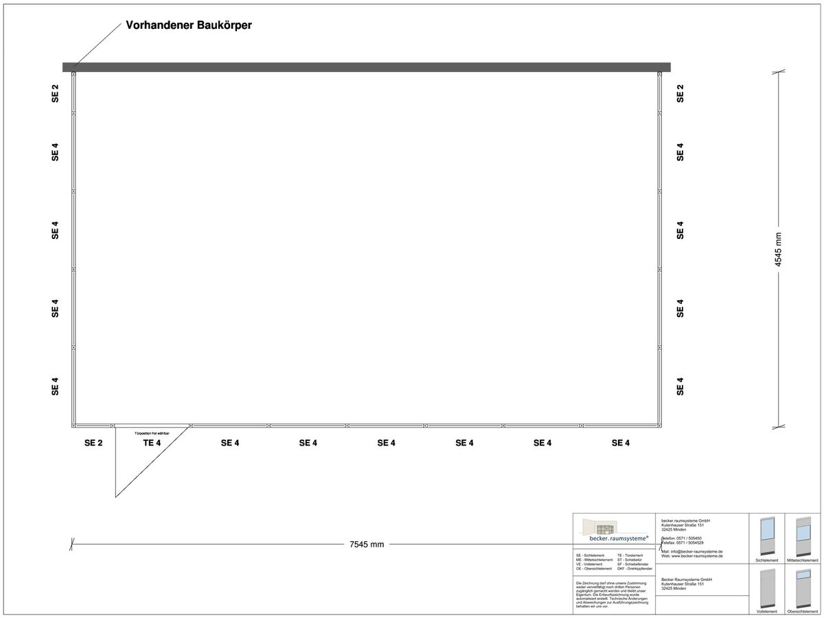Zeichnung für Hallenbüro 3-seitig 7,50 x 4,50 m System RS 45 von Becker Raumsysteme - Artikel HB3-7545