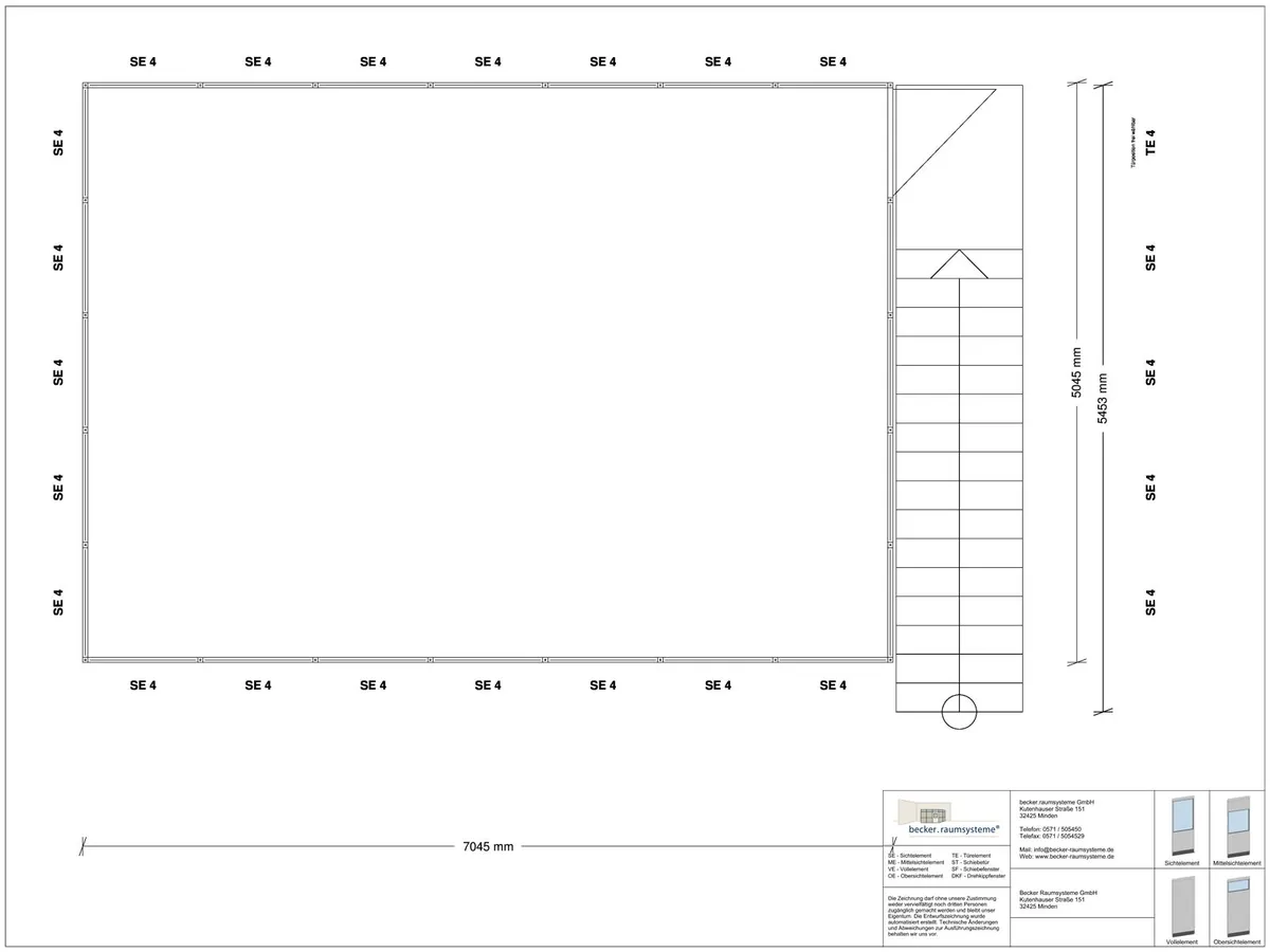 Innenansicht für Hallenbüro auf Stahlbau 4-seitig 7,50 x 5,50 m System RS 45 von Becker Raumsysteme - Artikel HS4-7555