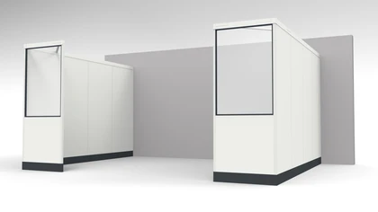 Freistehende Stellwand vor einer Hallenwand mit Öffnung zum Befahren Freistehende Stellwand vor einer Hallenwand mit Öffnung zum Befahren mit einem Flurfahrzeug