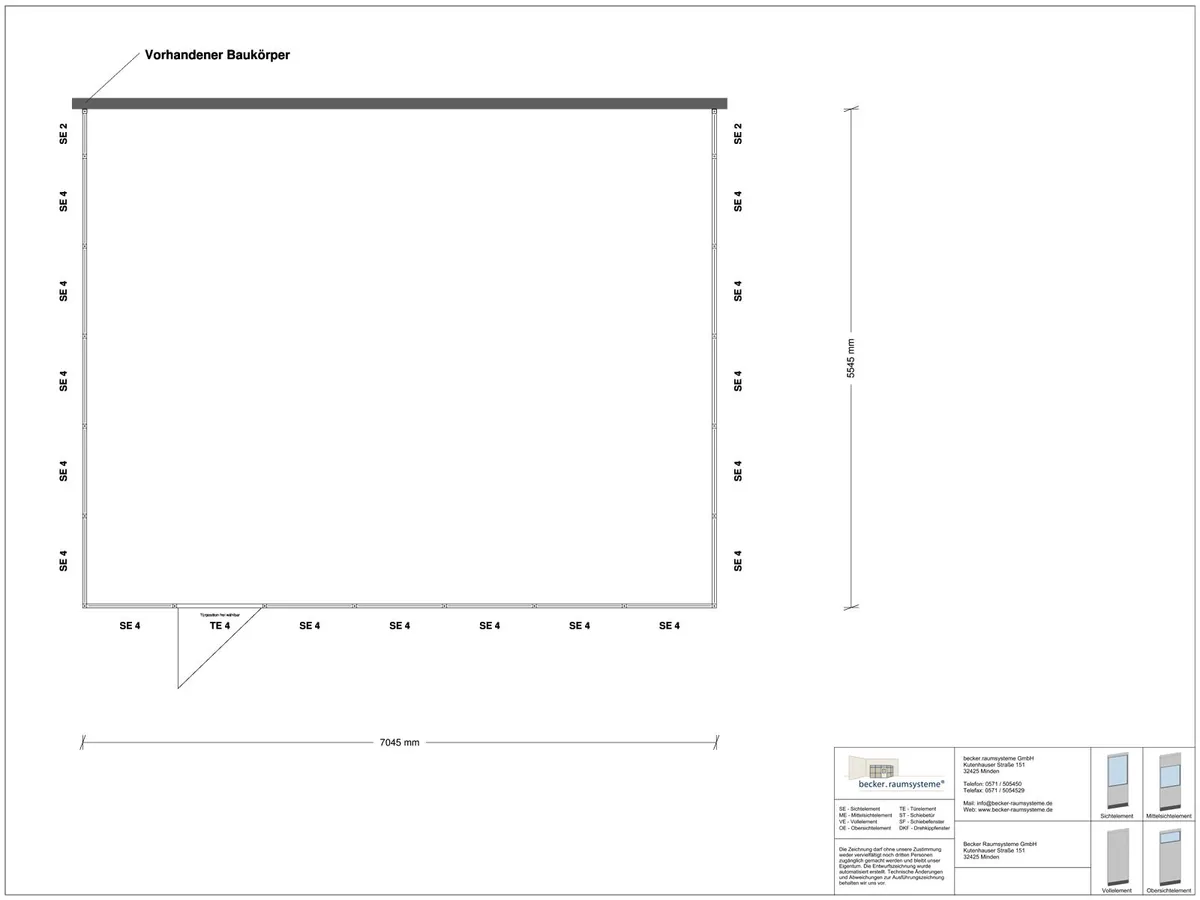 Zeichnung für Hallenbüro 3-seitig 7,00 x 5,50 m System RS 45 von Becker Raumsysteme - Artikel HB3-7055
