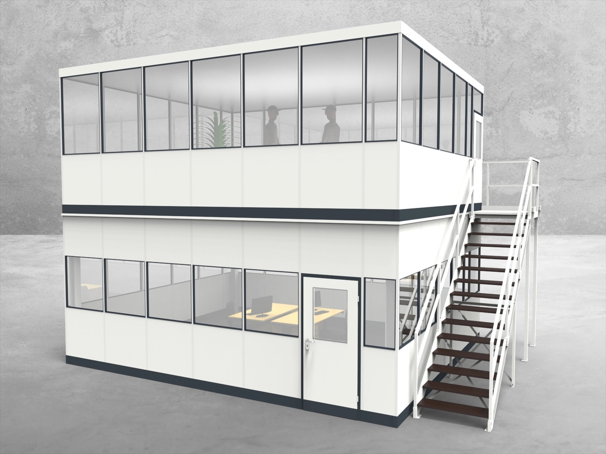 Aussenansicht für Hallenbüro als Doppelstock 4-seitig 6,50 x 5,50 m System RS 45 von Becker Raumsysteme - Artikel HD4-6555
