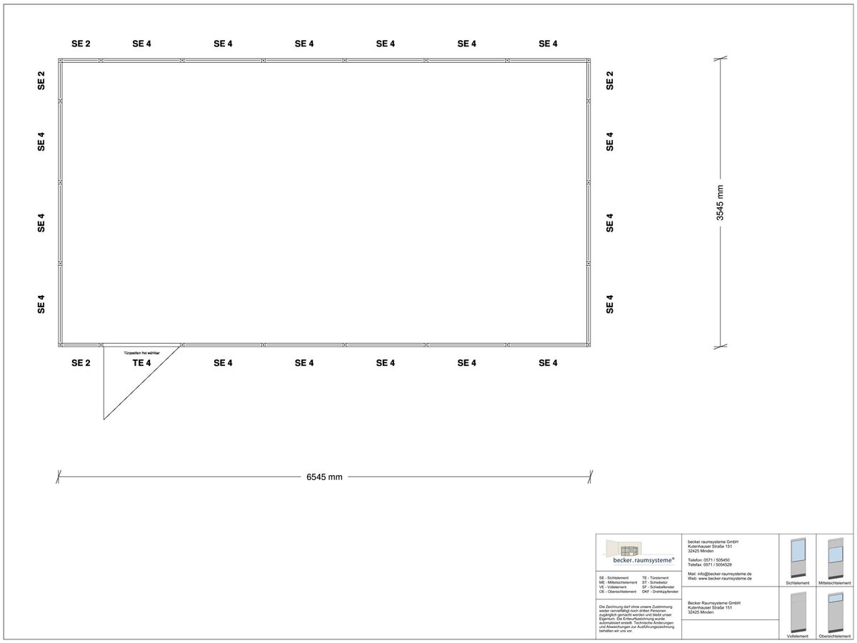 Zeichnung für Stellwand 4-seitig 6,50 x 3,50 m System RS 45 von Becker Raumsysteme - Artikel SW4-6535