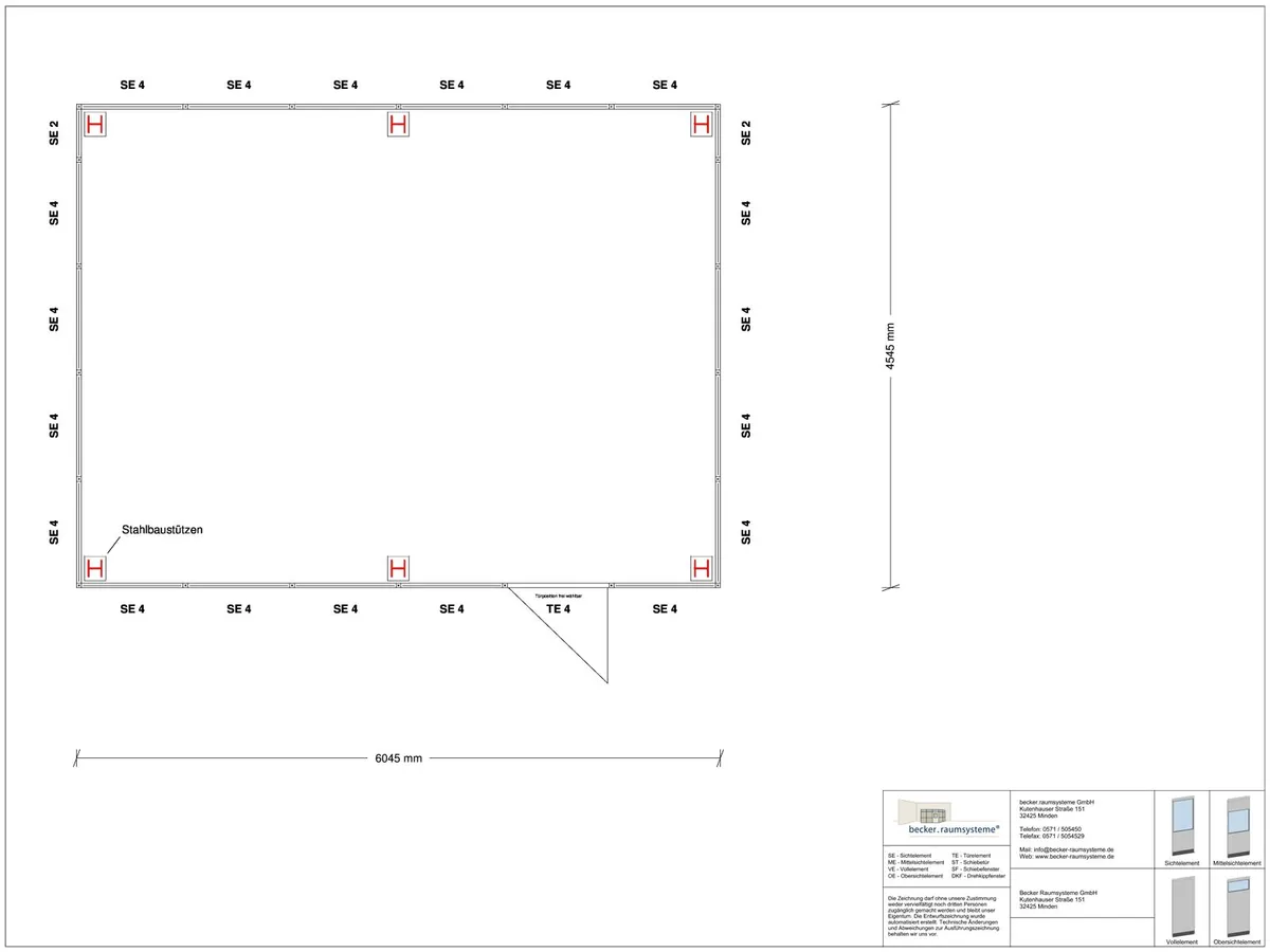 Zeichnung für Hallenbüro als Doppelstock 4-seitig 6,00 x 4,50 m System RS 45 von Becker Raumsysteme - Artikel HD4-6045