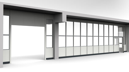 Industrietrennwand in einer Lagerhalle mit einem Torrahmen Industrietrennwand in einer Lagerhalle mit einem Torrahmen und einem Türelement als Durchgang