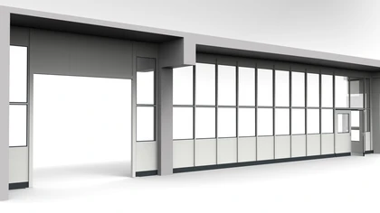 Industrietrennwand in einer Lagerhalle mit einem Torrahmen Industrietrennwand in einer Lagerhalle mit einem Torrahmen und einem Türelement als Durchgang