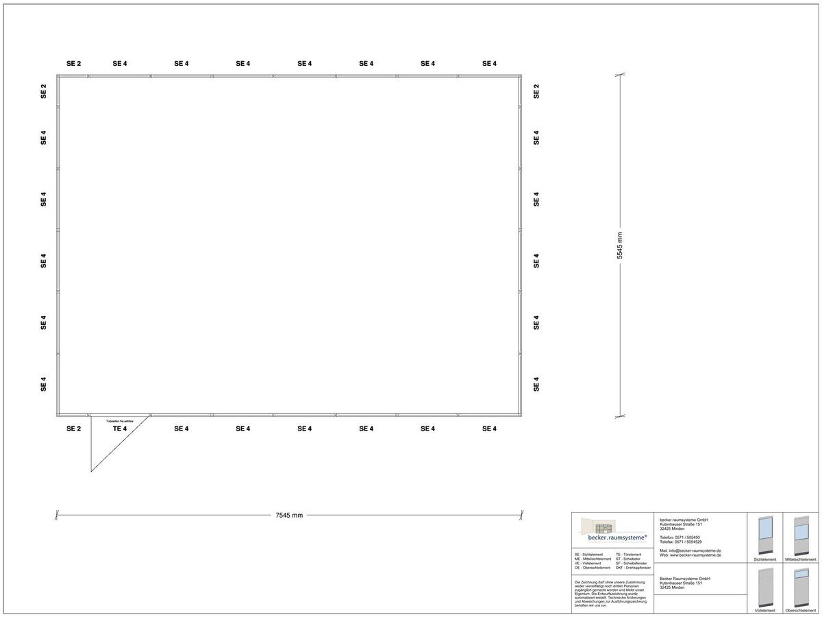 Zeichnung für Hallenbüro 4-seitig 7,50 x 5,50 m System RS 45 von Becker Raumsysteme - Artikel HB4-7555