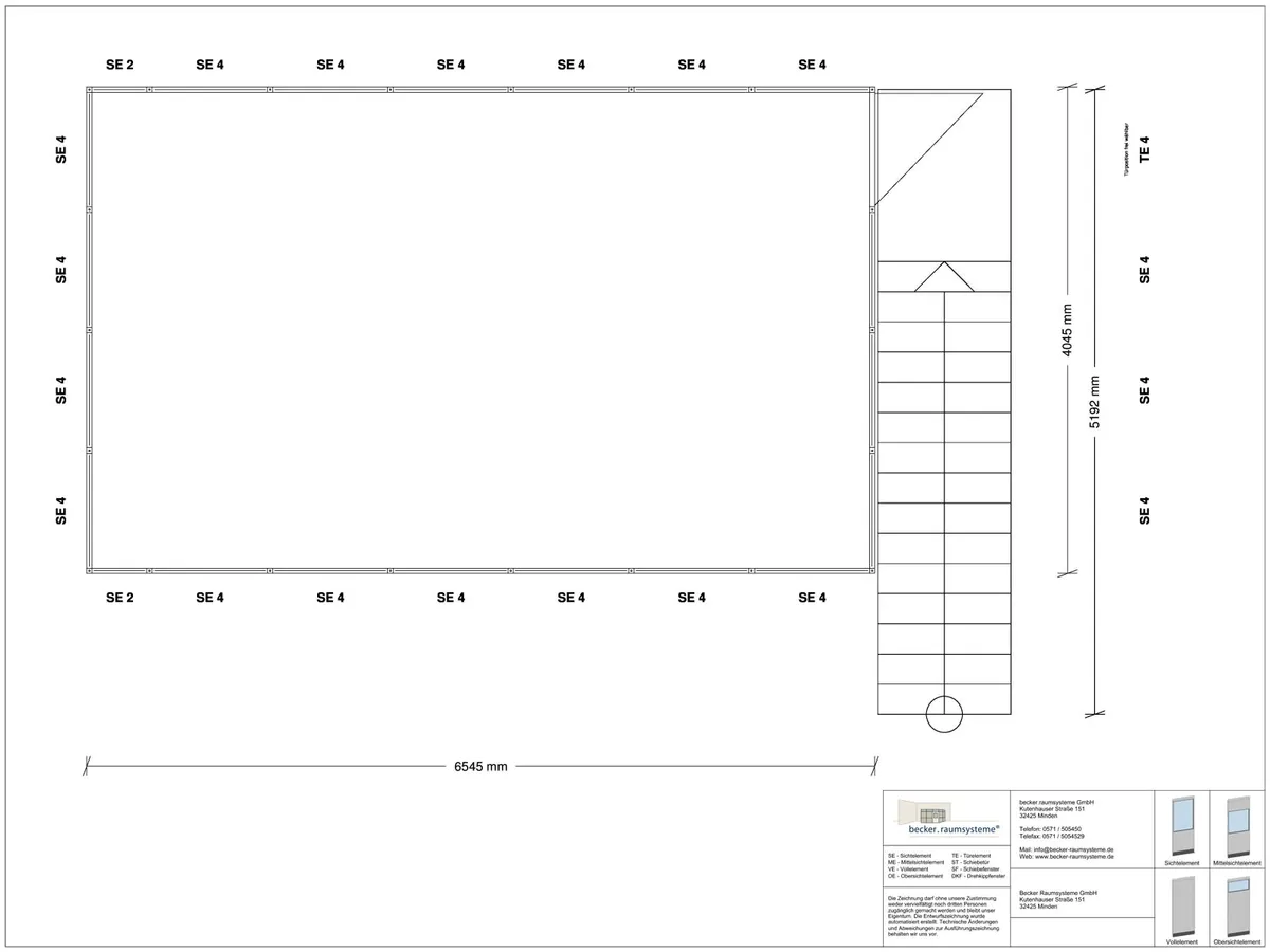 Zeichnung für Hallenbüro auf Stahlbau 4-seitig 6,50 x 4,00 m System RS 45 von Becker Raumsysteme - Artikel HS4-6540