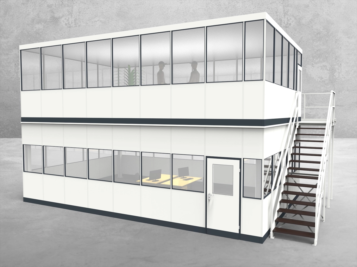 Aussenansicht für Hallenbüro als Doppelstock 4-seitig 8,50 x 5,50 m System RS 45 von Becker Raumsysteme - Artikel HD4-8555