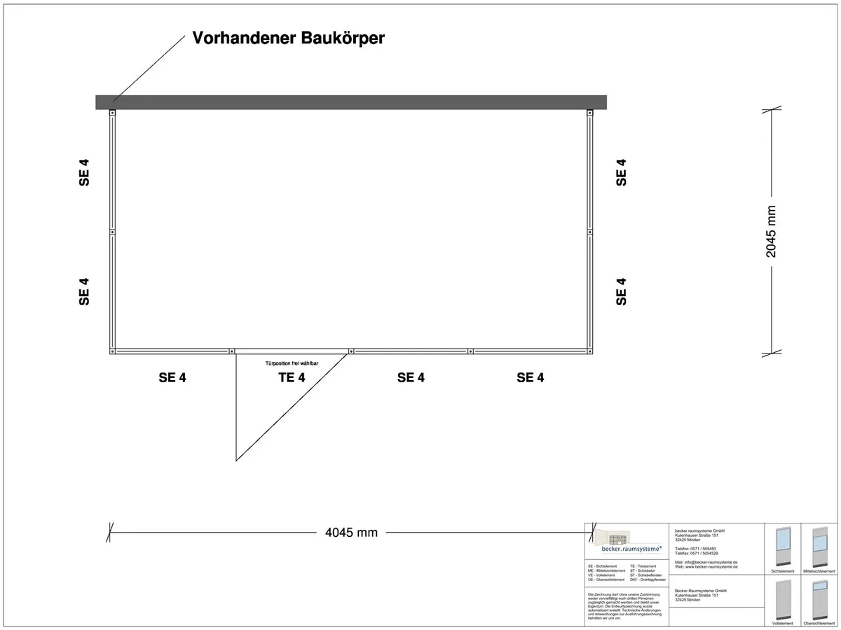 Zeichnung für Hallenbüro 3-seitig 4,00 x 2,00 m System RS 45 von Becker Raumsysteme - Artikel HB3-4020