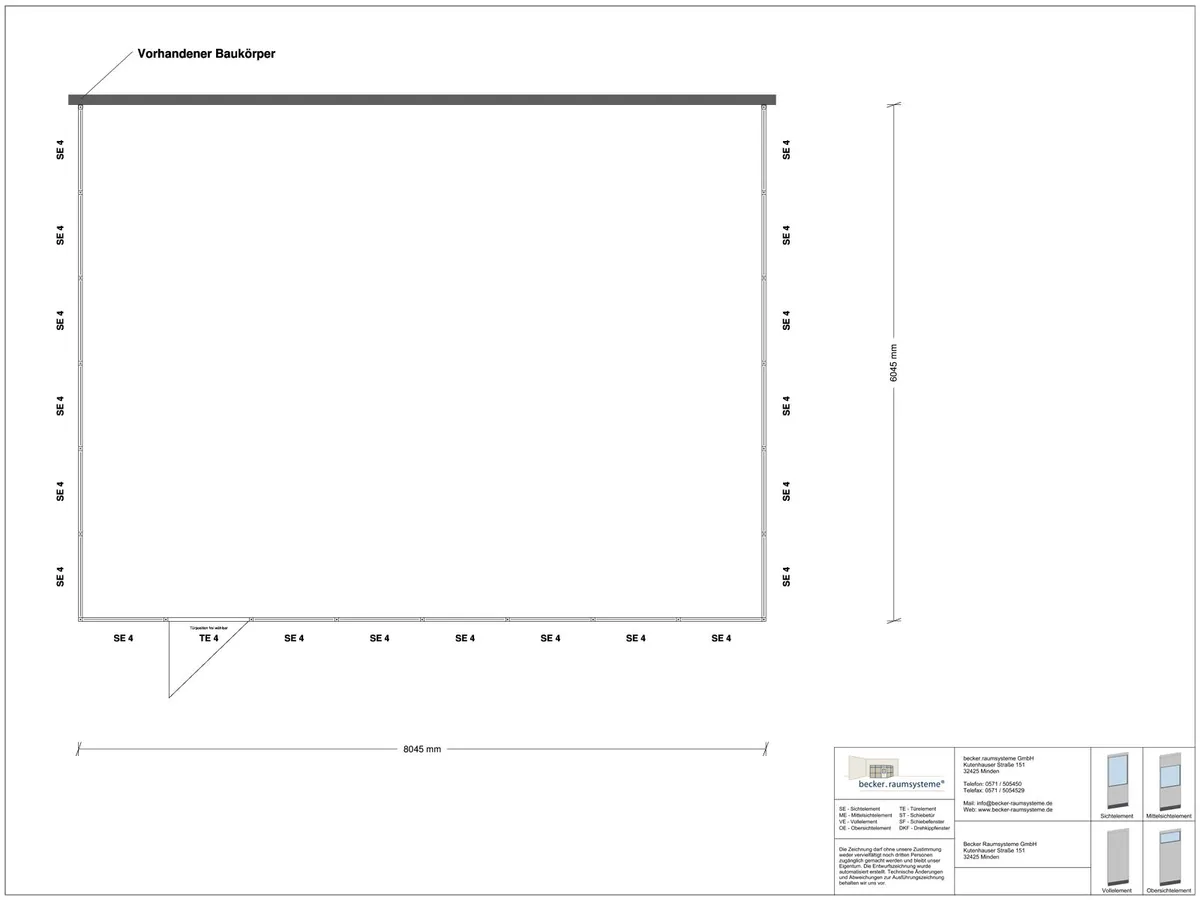Zeichnung für Hallenbüro 3-seitig 8,00 x 6,00 m System RS 45 von Becker Raumsysteme - Artikel HB3-8060