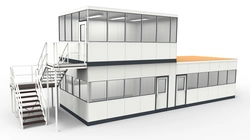 Hallenbüro Doppelstock modular errichtet in einer Industriehalle Hallenbüro Doppelstock in Industriehalle als Abtrennungen vom Produktionsprozess