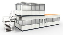 Hallenbüro Doppelstock modular errichtet in einer Industriehalle Hallenbüro Doppelstock in Industriehalle als Abtrennungen vom Produktionsprozess
