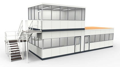 Hallenbüro Doppelstock modular errichtet in einer Industriehalle Hallenbüro Doppelstock in Industriehalle als Abtrennungen vom Produktionsprozess
