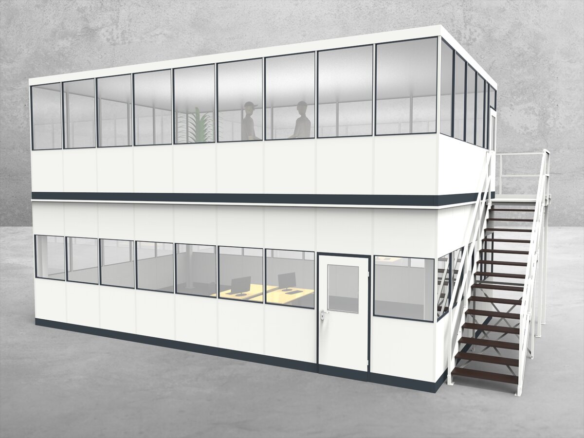 Aussenansicht für Hallenbüro als Doppelstock 4-seitig 9,00 x 5,50 m System RS 45 von Becker Raumsysteme - Artikel HD4-9055