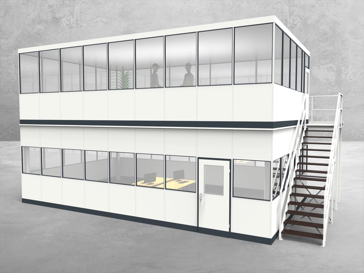Aussenansicht für Hallenbüro als Doppelstock 4-seitig 9,00 x 5,50 m System RS 45 von Becker Raumsysteme - Artikel HD4-9055