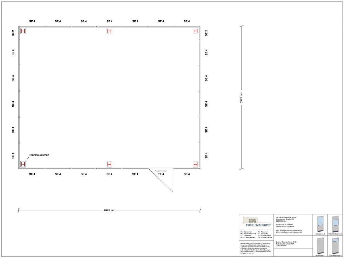 Zeichnung für Hallenbüro als Doppelstock 4-seitig 7,00 x 5,50 m System RS 45 von Becker Raumsysteme - Artikel HD4-7055