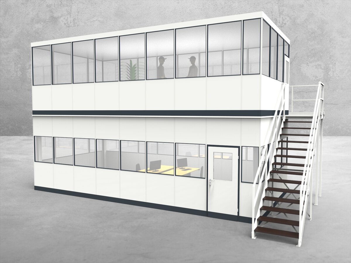 Aussenansicht für Hallenbüro als Doppelstock 4-seitig 8,50 x 4,00 m System RS 45 von Becker Raumsysteme - Artikel HD4-8540