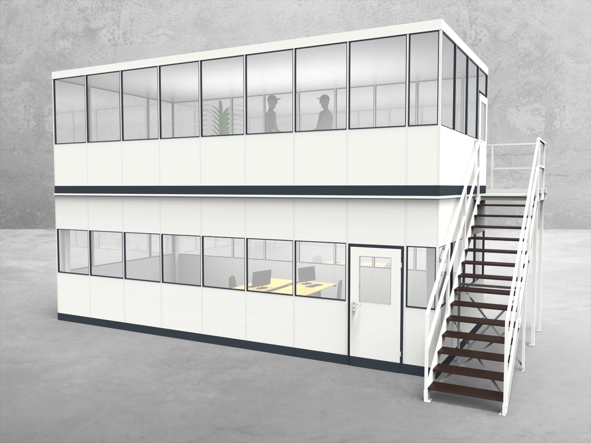 Aussenansicht für Hallenbüro als Doppelstock 4-seitig 8,50 x 4,00 m System RS 45 von Becker Raumsysteme - Artikel HD4-8540