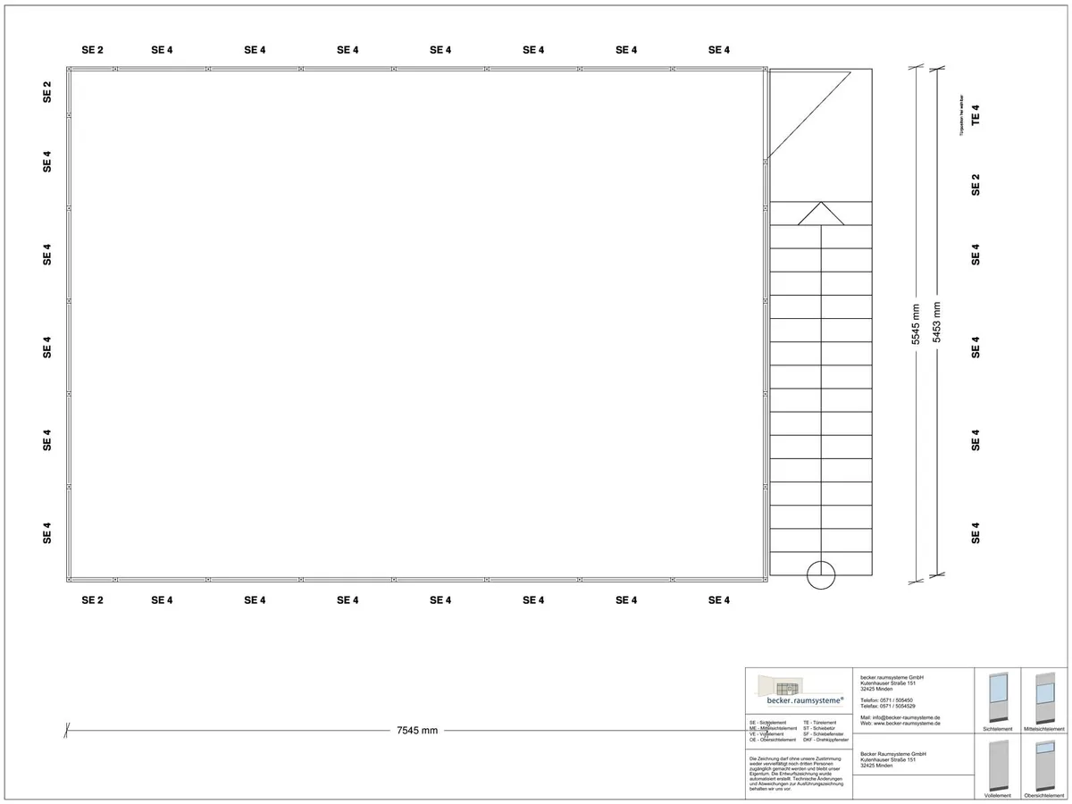 Zeichnung für Hallenbüro auf Stahlbau 4-seitig 7,50 x 5,50 m System RS 45 von Becker Raumsysteme - Artikel HS4-7555