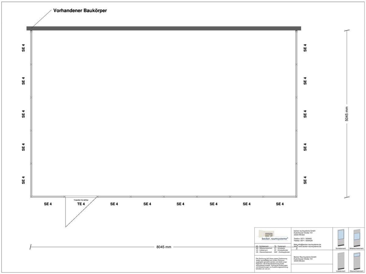 Zeichnung für Hallenbüro 3-seitig 8,00 x 5,00 m System RS 45 von Becker Raumsysteme - Artikel HB3-8050
