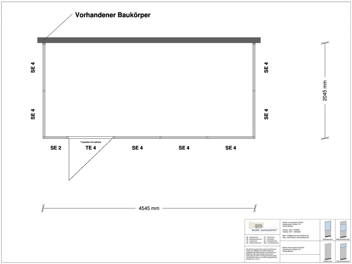 Zeichnung für Hallenbüro 3-seitig 4,50 x 2,00 m System RS 45 von Becker Raumsysteme - Artikel HB3-4520