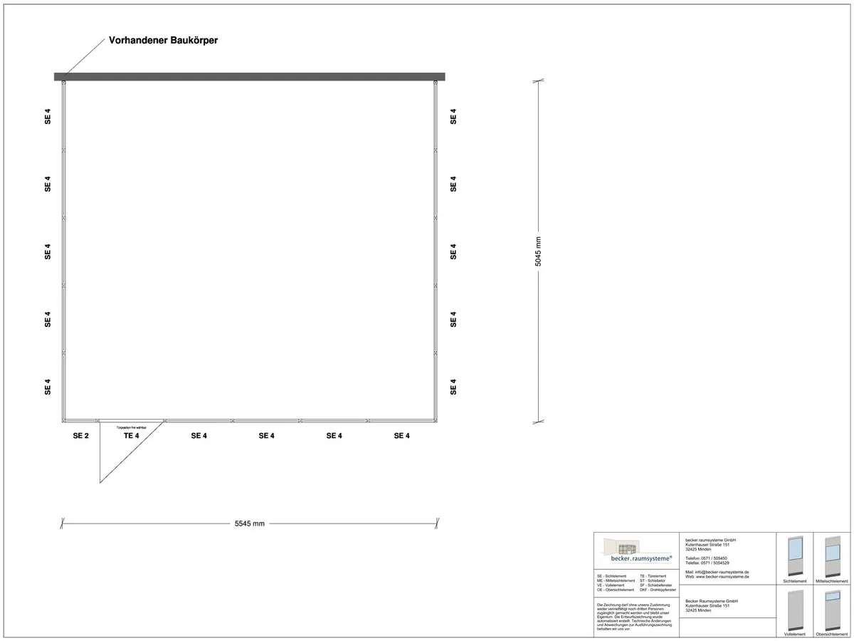 Zeichnung für Hallenbüro 3-seitig 5,50 x 5,00 m System RS 45 von Becker Raumsysteme - Artikel HB3-5550