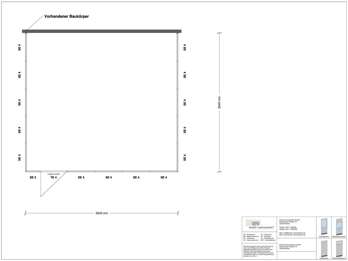 Zeichnung für Hallenbüro 3-seitig 5,50 x 5,00 m System RS 45 von Becker Raumsysteme - Artikel HB3-5550