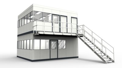 Hallenbüro Doppelstöckig modular errichtet in einer Industriehalle Hallenbüro Doppelstöckig für die Industrie aus modularen Bauteilen in einer Lagerhalle