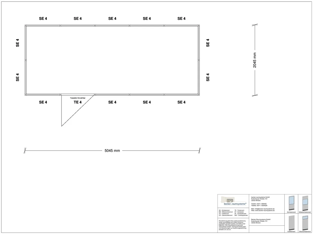 Zeichnung für Stellwand 4-seitig 5,00 x 2,00 m System RS 45 von Becker Raumsysteme - Artikel SW4-5020