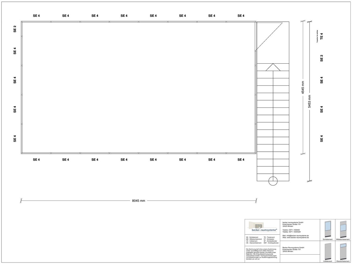 Zeichnung für Hallenbüro als Doppelstock 4-seitig 8,00 x 4,50 m System RS 45 von Becker Raumsysteme - Artikel HD4-8045