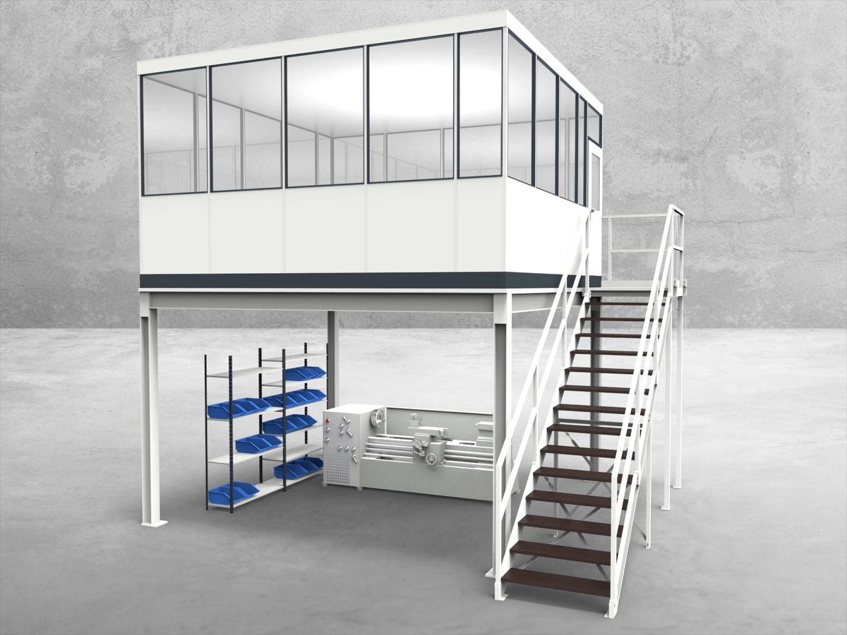 Aussenansicht für Hallenbüro auf Stahlbau 4-seitig 4,50 x 4,50 m System RS 45 von Becker Raumsysteme - Artikel HS4-4545