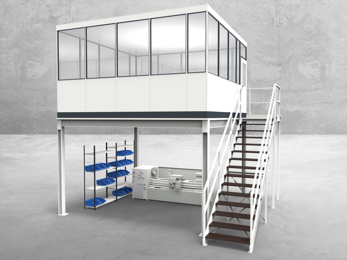 Aussenansicht für Hallenbüro auf Stahlbau 4-seitig 4,50 x 4,50 m System RS 45 von Becker Raumsysteme - Artikel HS4-4545