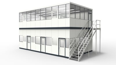 Betriebsbüro Doppelstock für industriellen Anforderungen Betriebsbüro Doppelstock für die Industrie aus modularen Bauteilen in einer Lagerhalle