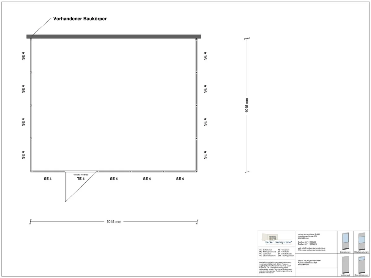 Zeichnung für Hallenbüro 3-seitig 5,00 x 4,00 m System RS 45 von Becker Raumsysteme - Artikel HB3-5040