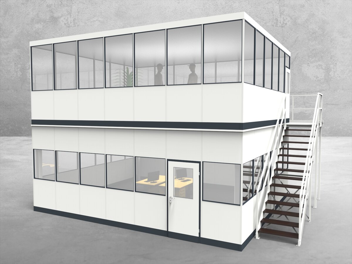 Aussenansicht für Hallenbüro als Doppelstock 4-seitig 7,00 x 6,00 m System RS 45 von Becker Raumsysteme - Artikel HD4-7060