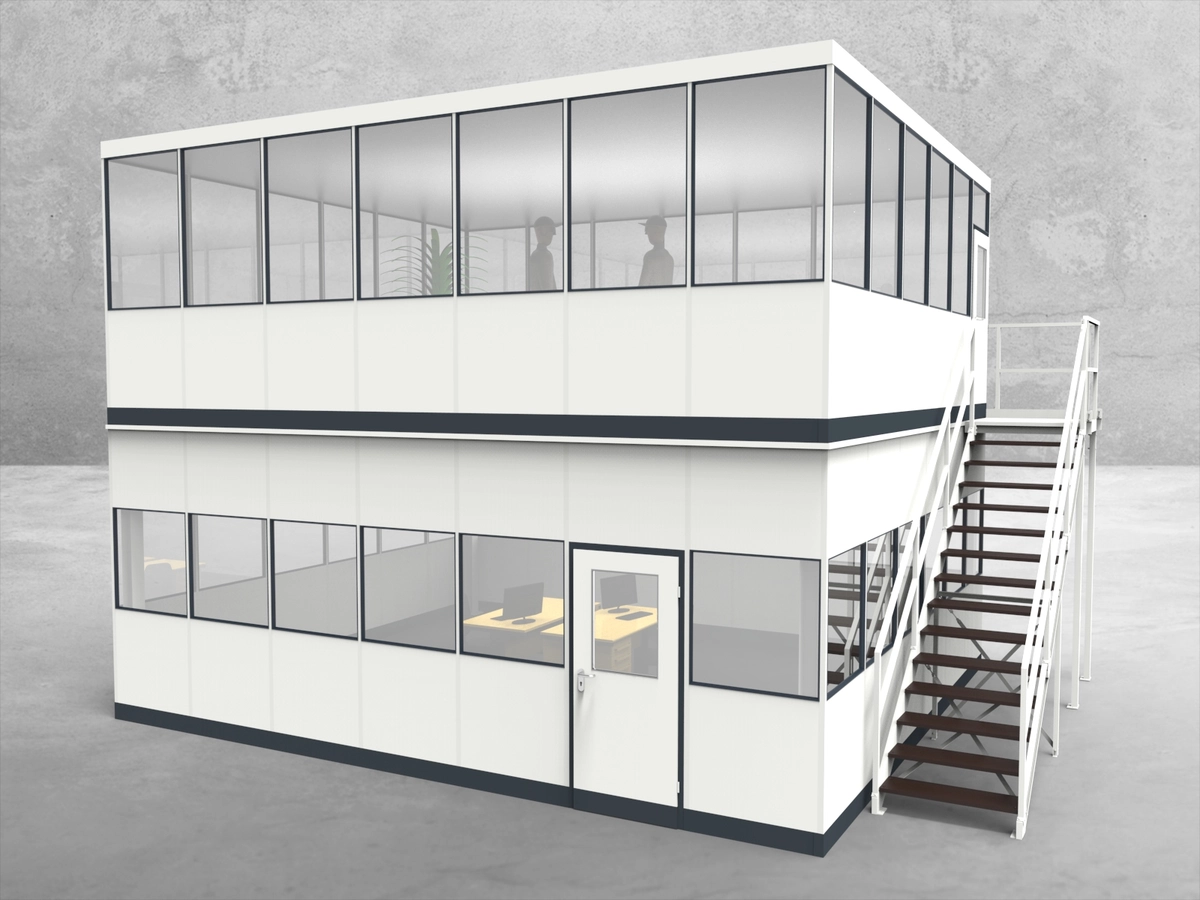 Aussenansicht für Hallenbüro als Doppelstock 4-seitig 7,00 x 6,00 m System RS 45 von Becker Raumsysteme - Artikel HD4-7060