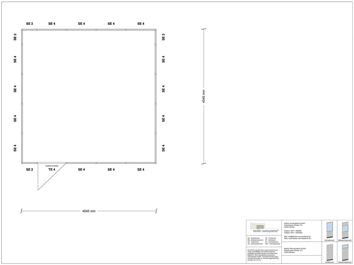 Zeichnung für Stellwand 4-seitig 4,50 x 4,50 m System RS 45 von Becker Raumsysteme - Artikel SW4-4545