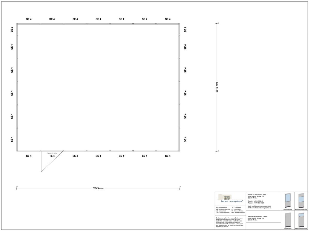 Zeichnung für Stellwand 4-seitig 7,00 x 5,50 m System RS 45 von Becker Raumsysteme - Artikel SW4-7055