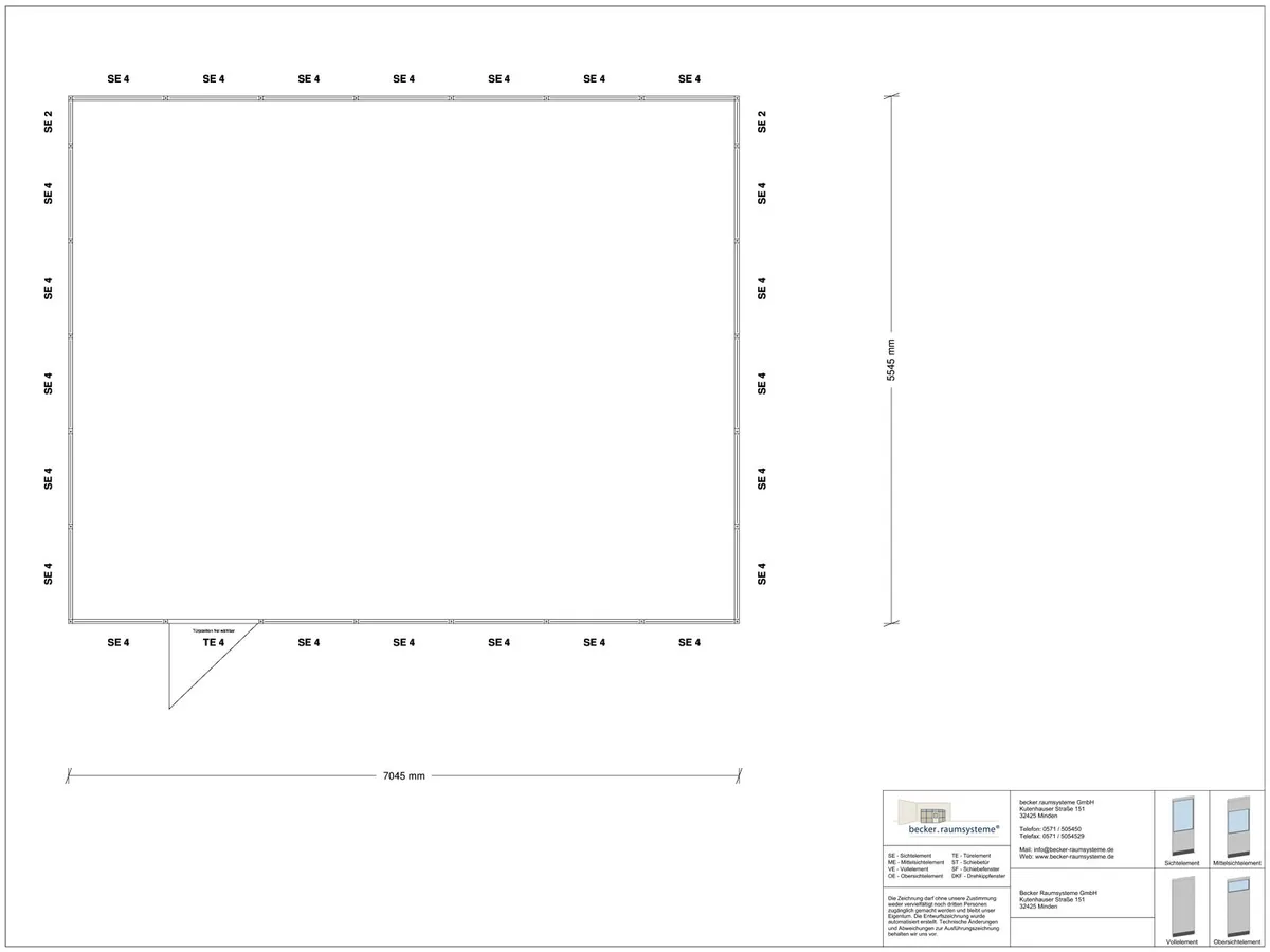 Zeichnung für Stellwand 4-seitig 7,00 x 5,50 m System RS 45 von Becker Raumsysteme - Artikel SW4-7055