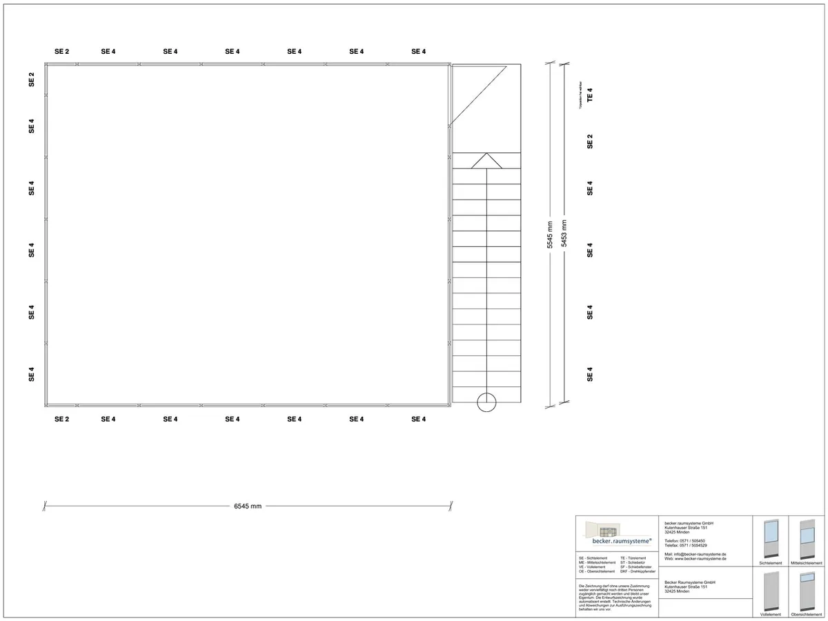 Aussenansicht für Hallenbüro als Doppelstock 4-seitig 6,50 x 6,00 m System RS 45 von Becker Raumsysteme - Artikel HD4-6560