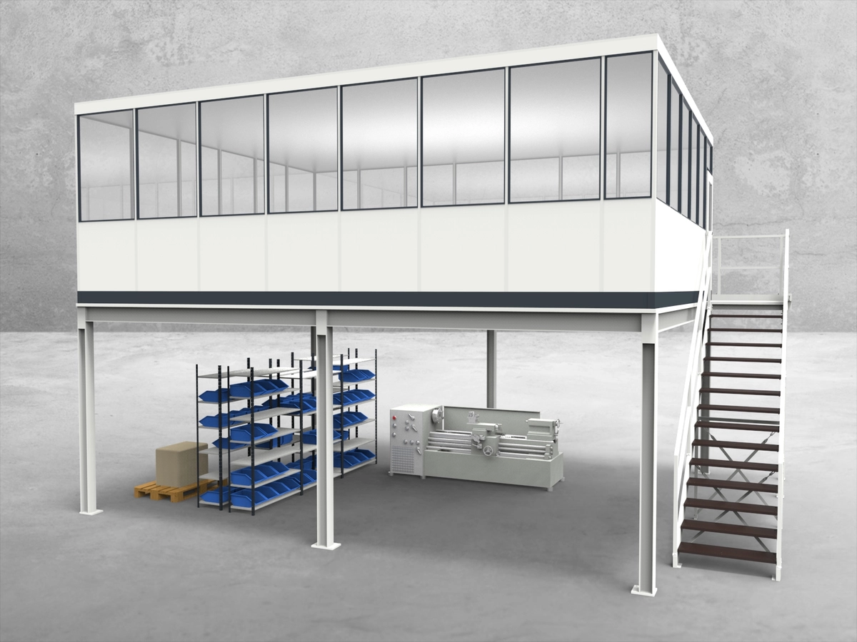 Aussenansicht für Hallenbüro auf Stahlbau 4-seitig 7,50 x 6,00 m System RS 45 von Becker Raumsysteme - Artikel HS4-7560