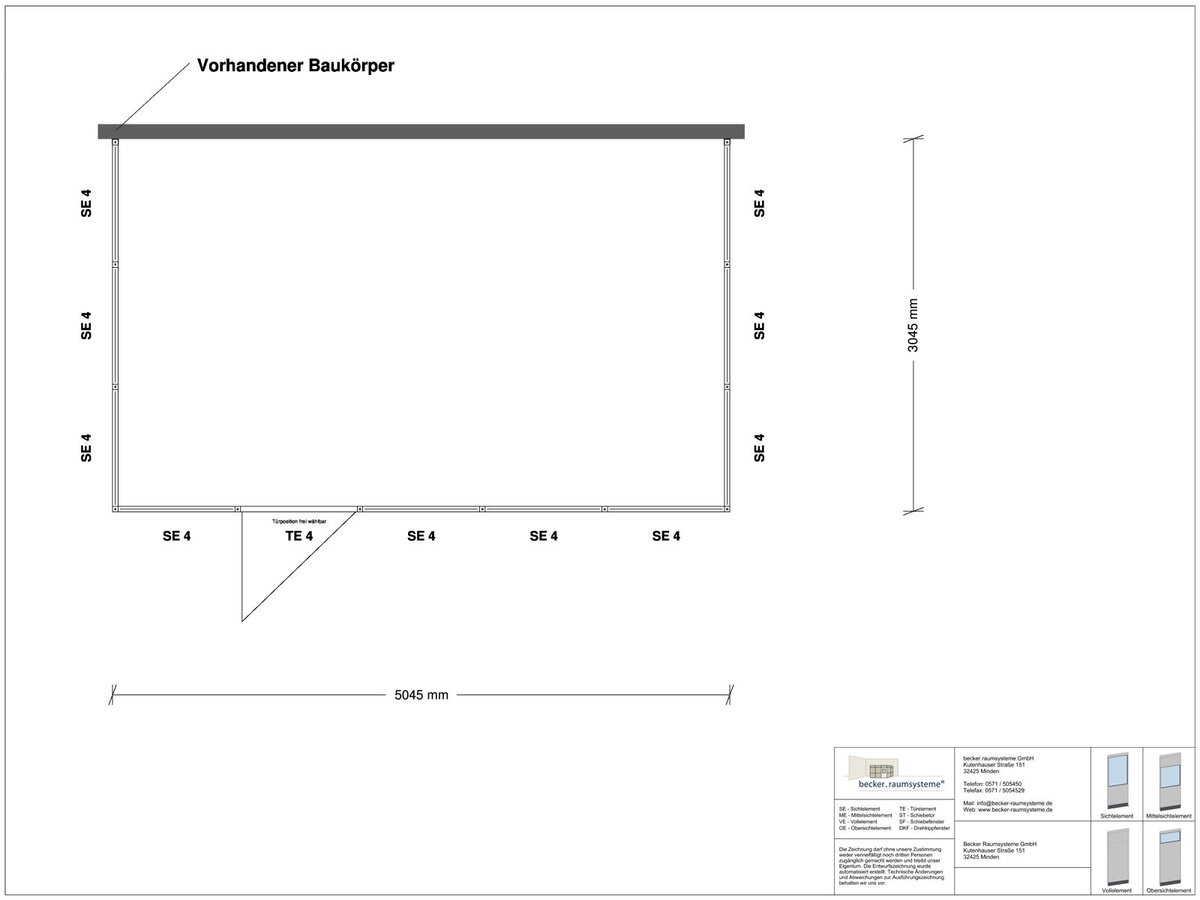Zeichnung für Hallenbüro 3-seitig 5,00 x 3,00 m System RS 45 von Becker Raumsysteme - Artikel HB3-5030