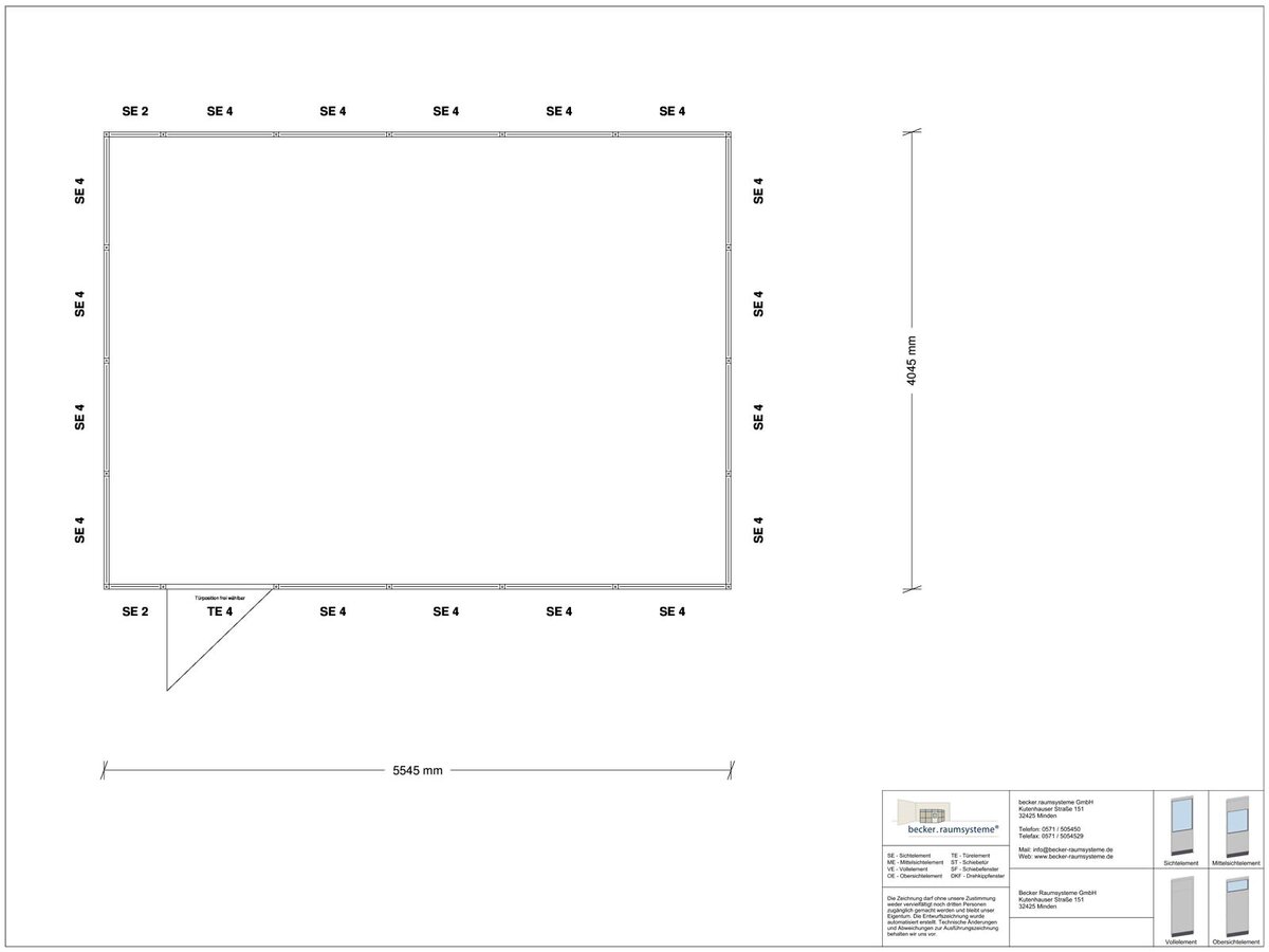Zeichnung für Hallenbüro 4-seitig 5,50 x 4,00 m System RS 45 von Becker Raumsysteme - Artikel HB4-5540