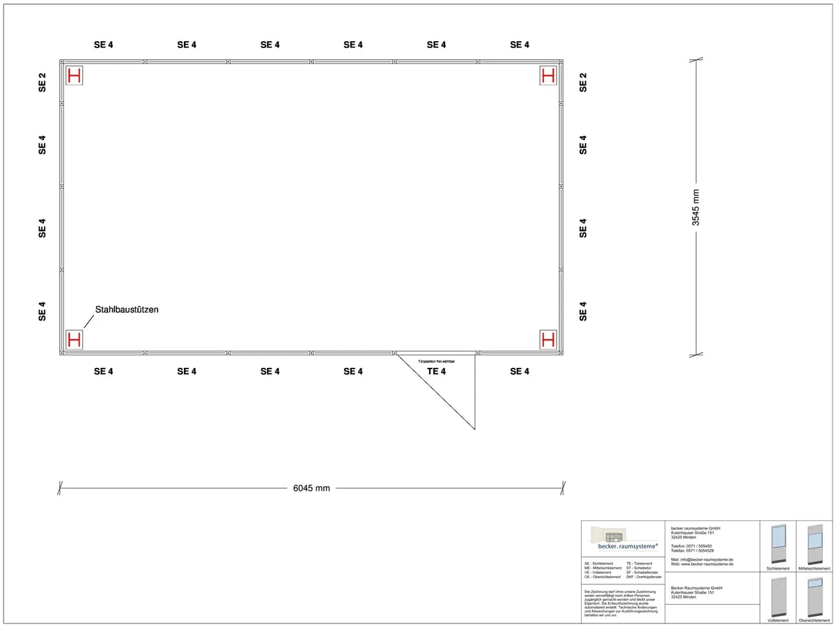 Zeichnung für Hallenbüro als Doppelstock 4-seitig 6,00 x 3,50 m System RS 45 von Becker Raumsysteme - Artikel HD4-6035
