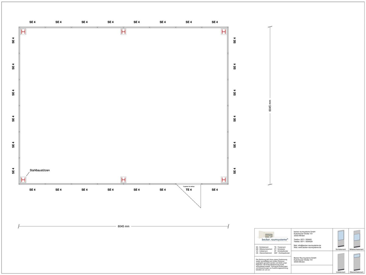 Zeichnung für Hallenbüro als Doppelstock 4-seitig 8,00 x 6,00 m System RS 45 von Becker Raumsysteme - Artikel HD4-8060