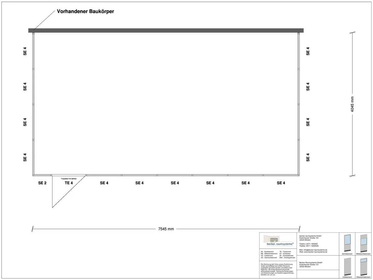 Zeichnung für Hallenbüro 3-seitig 7,50 x 4,00 m System RS 45 von Becker Raumsysteme - Artikel HB3-7540