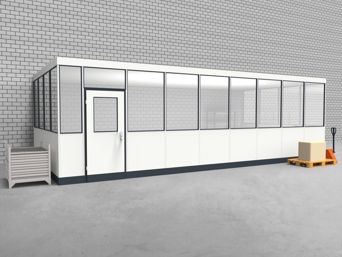 Aussenansicht für Hallenbüro 3-seitig 8,50 x 5,50 m System RS 45 von Becker Raumsysteme - Artikel HB3-8555